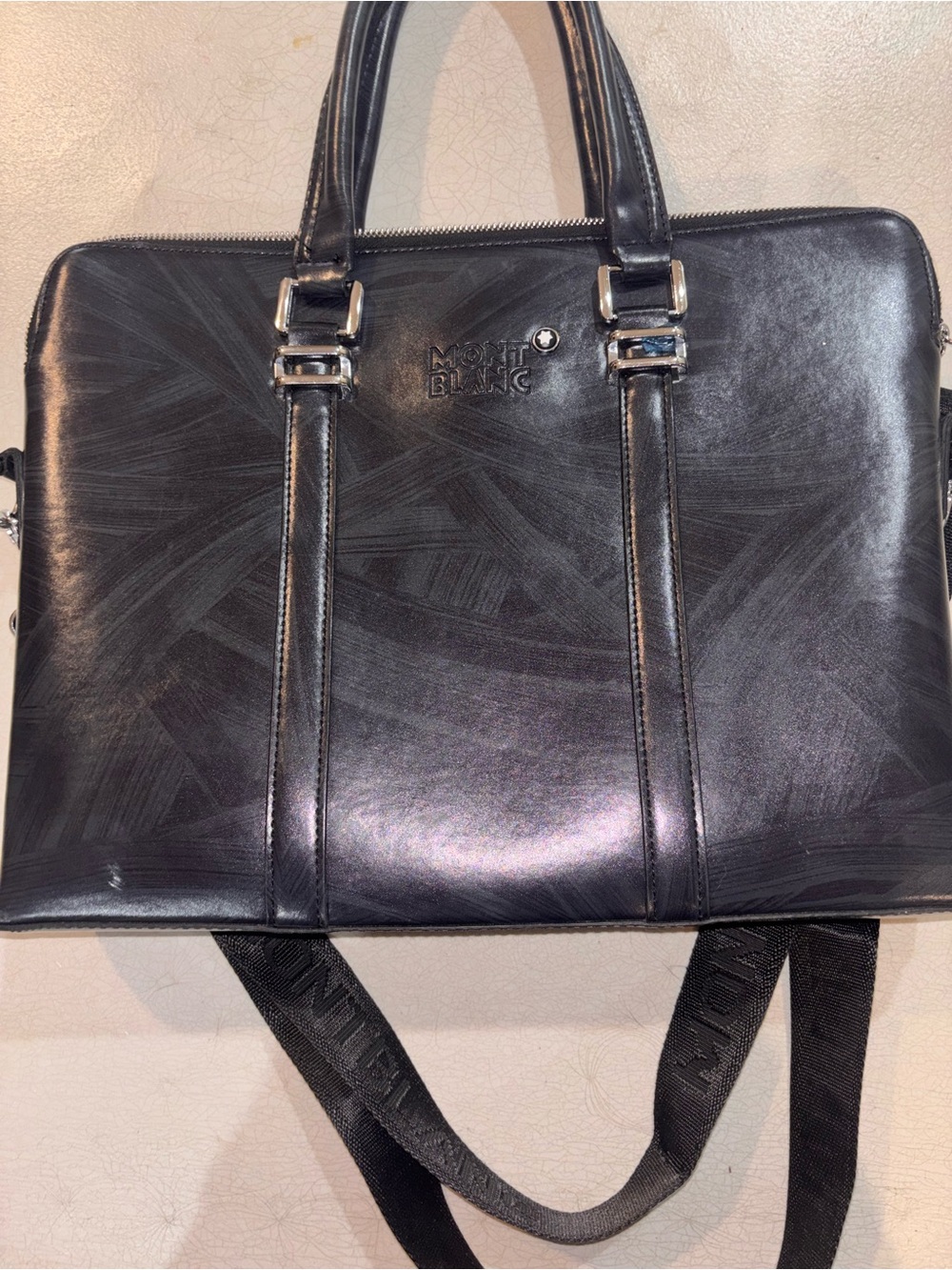 Montblanc Black Leather Briefcase with Top Handles and Shoulder Strap